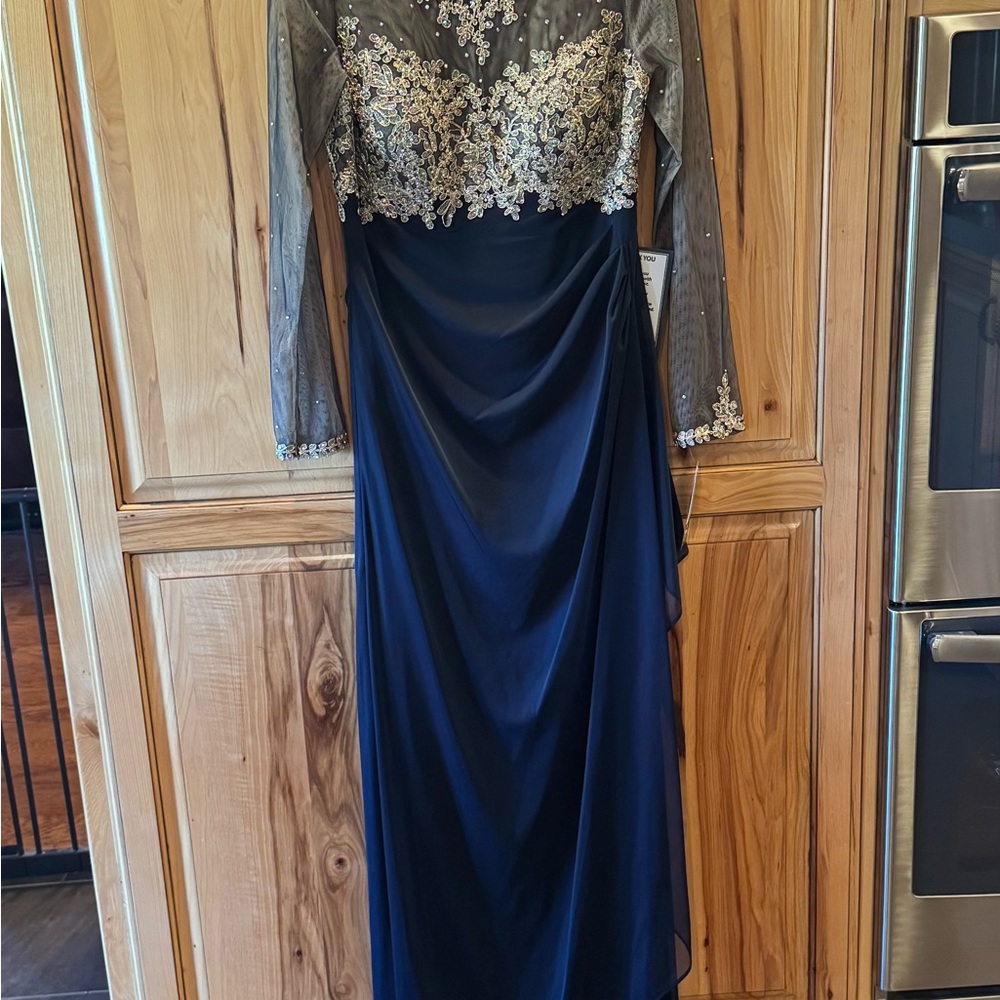Xscape Navy Gown with Gold Beaded Bodice